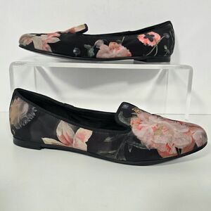 Ted Baker Jaday Black Floral Satin Logo Slip On Flats Women's Size US‎ 5